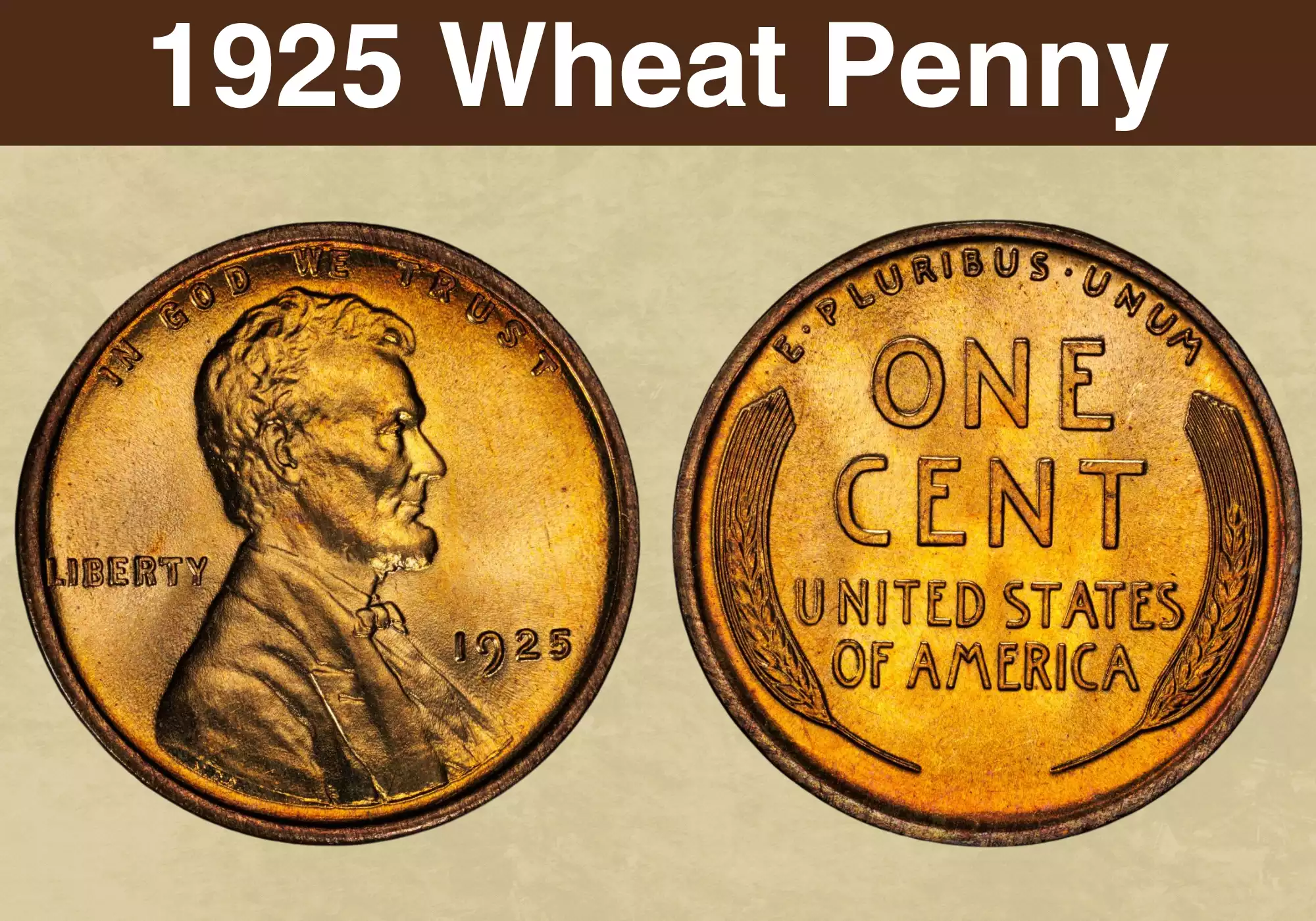 1925 wheat penny obverse and reverse showing Lincoln portrait and wheat stalks