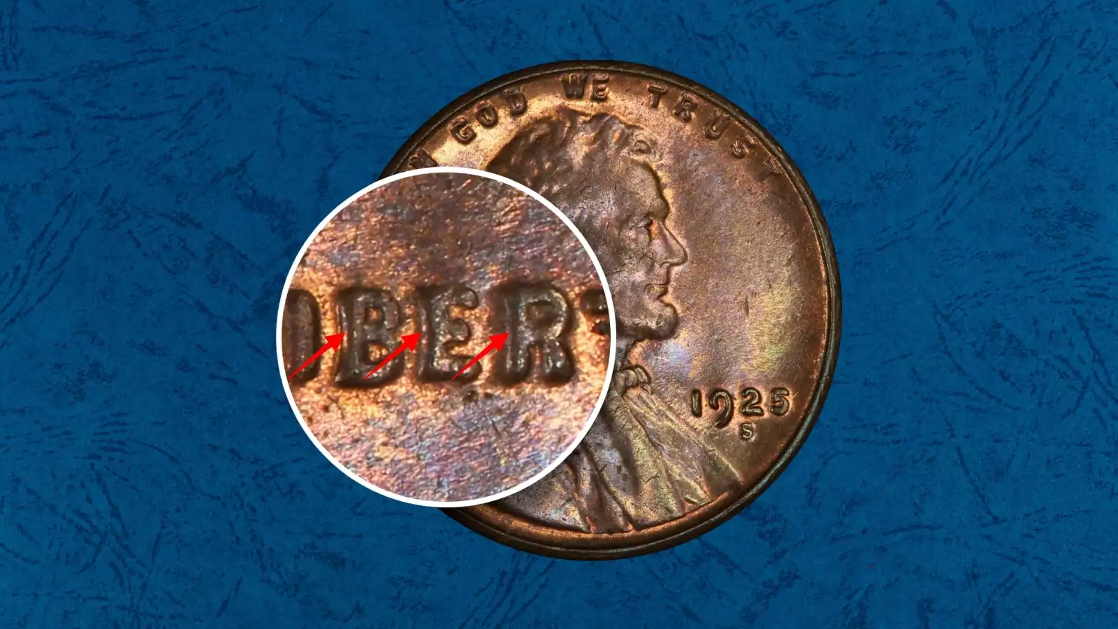1925 wheat penny off-center strike error showing crescent-shaped blank area where planchet was not centered in the dies