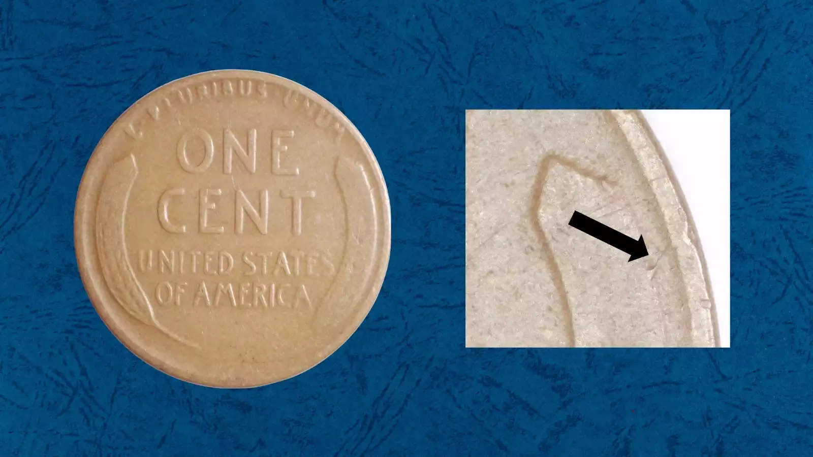 1925 wheat penny grease-filled die error showing missing letters where lubricating grease blocked the die cavity during striking