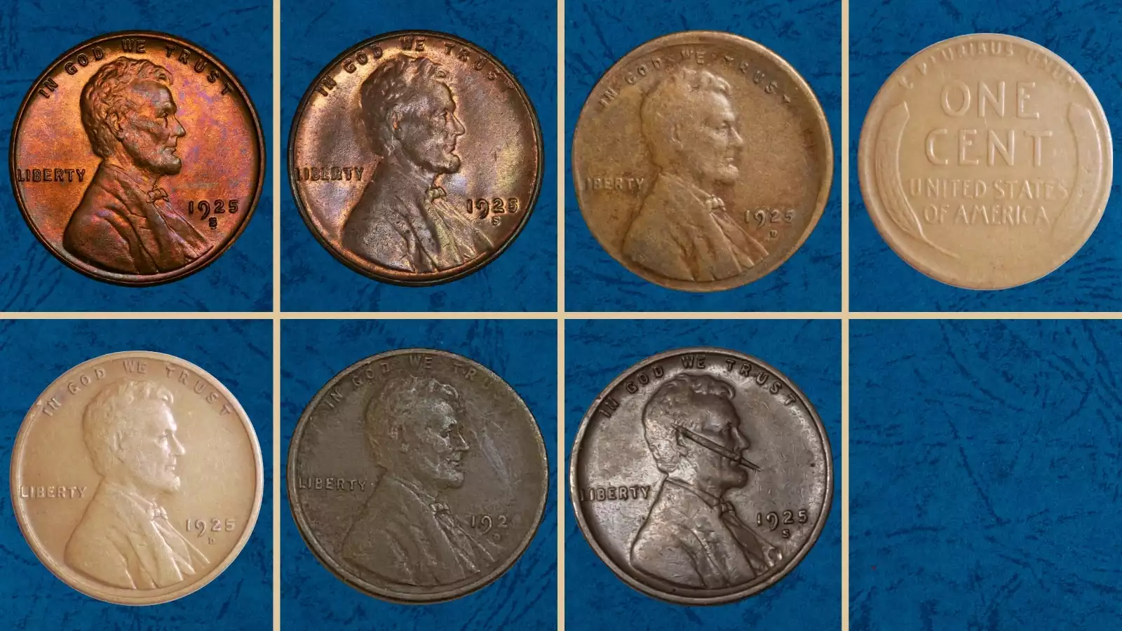 1925 wheat penny grading strip showing four condition tiers from worn Good grade through Gem Mint State